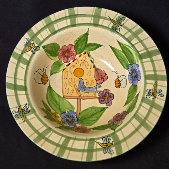 Los Angeles Pottery Laurie Gates Cereal Soup Bowl Bird House Floral Bee Plaid - Picture 1 of 9